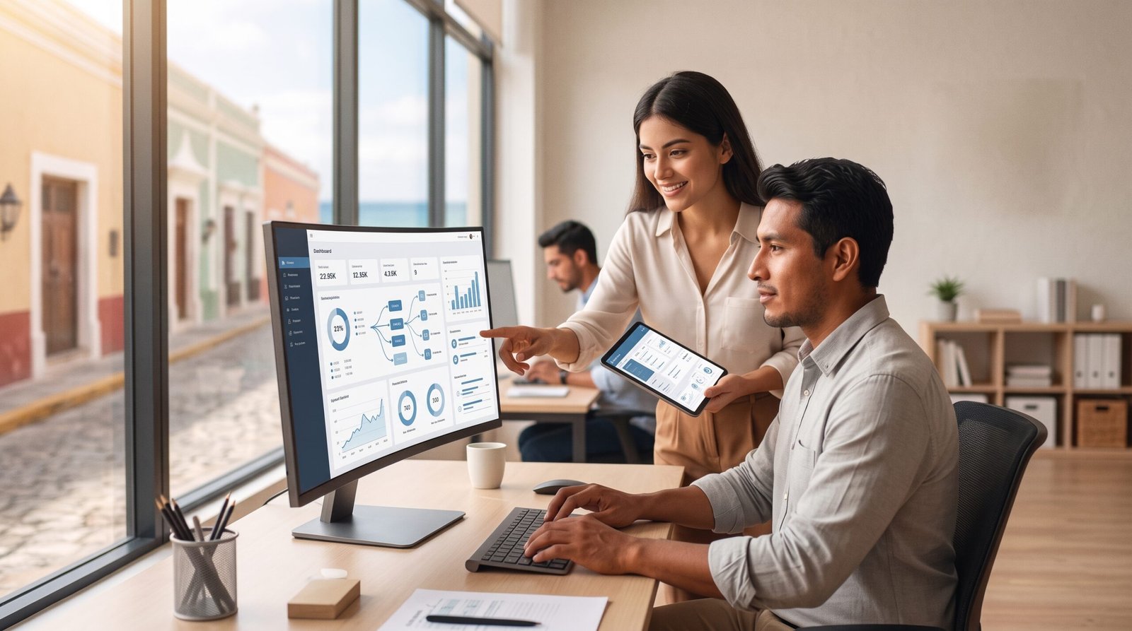 Equipo de NEREOS TECH revisando un dashboard de datos en oficina